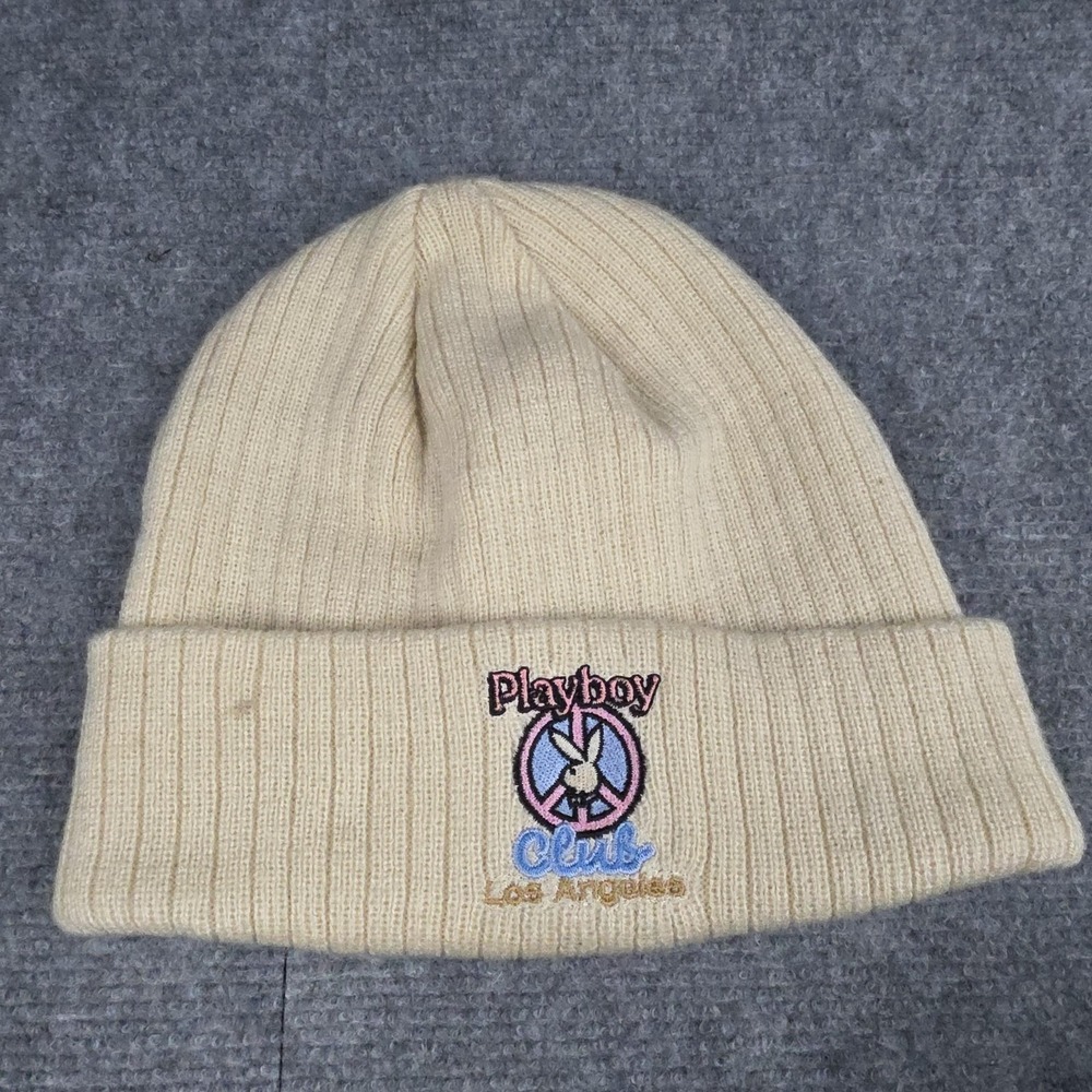 Playboy Club Hat Cap Mens One Size Beige Knit Cuffed Beanie LA Logo Winter